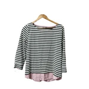 Market & Spruce Evella Boatneck Black White Striped Long Sleeve L Top Gray Pink